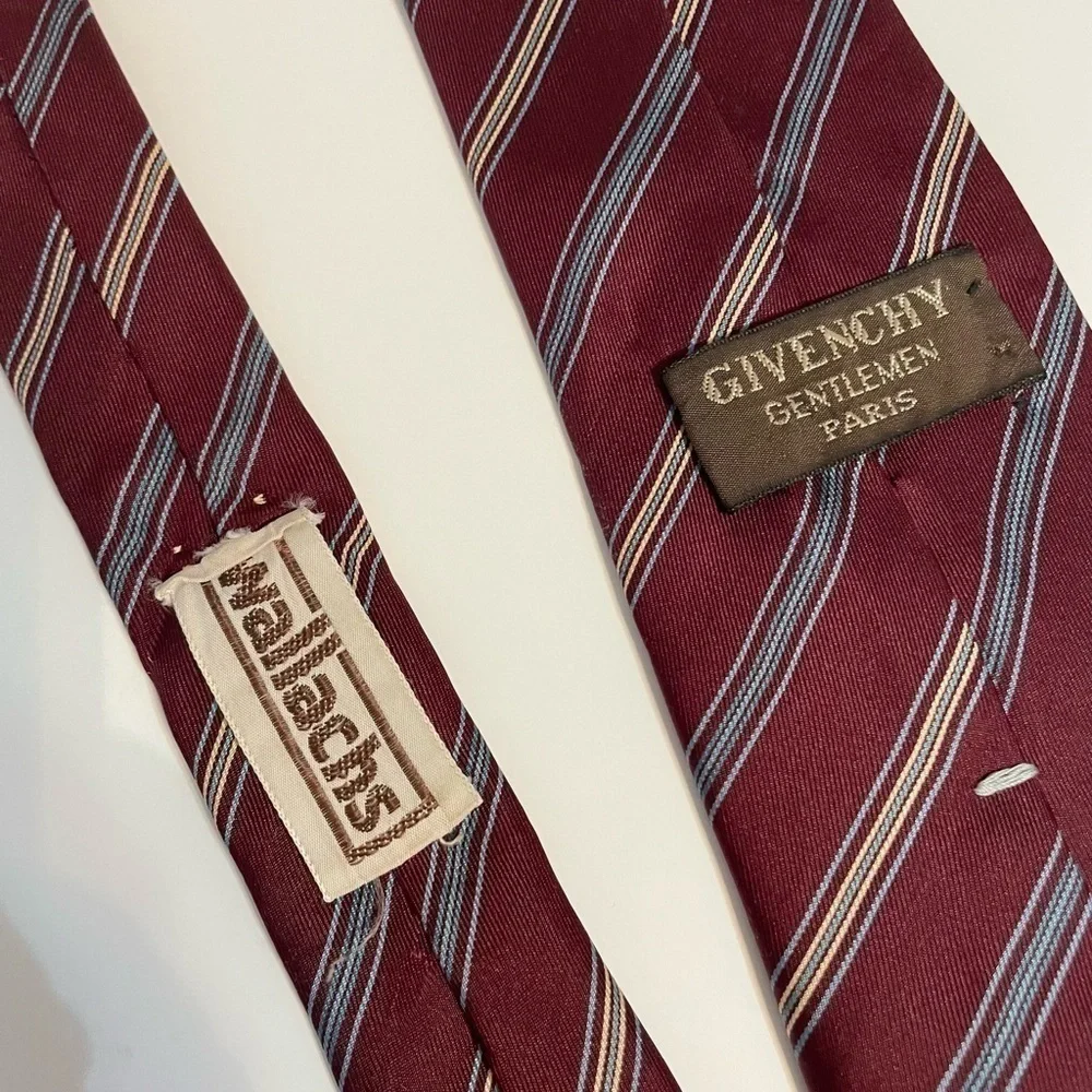 Givenchy Gentlemen Wallachs Paris Silk Tie Maroon Blue Ivory Stripe Tie